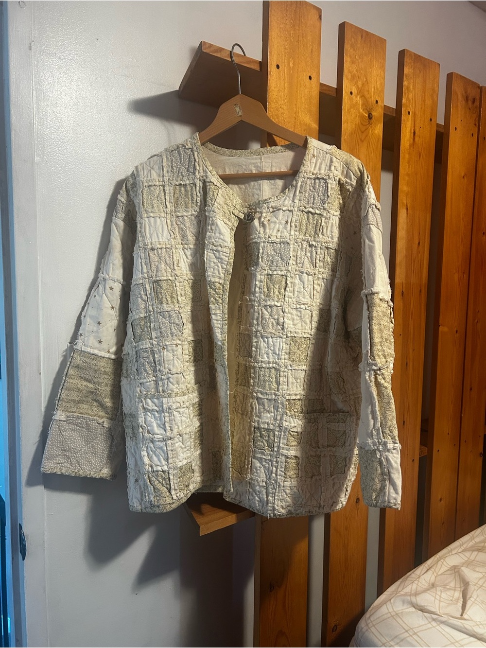Vintage Patchwork Quilted Jean Jacket - Cream & Beige